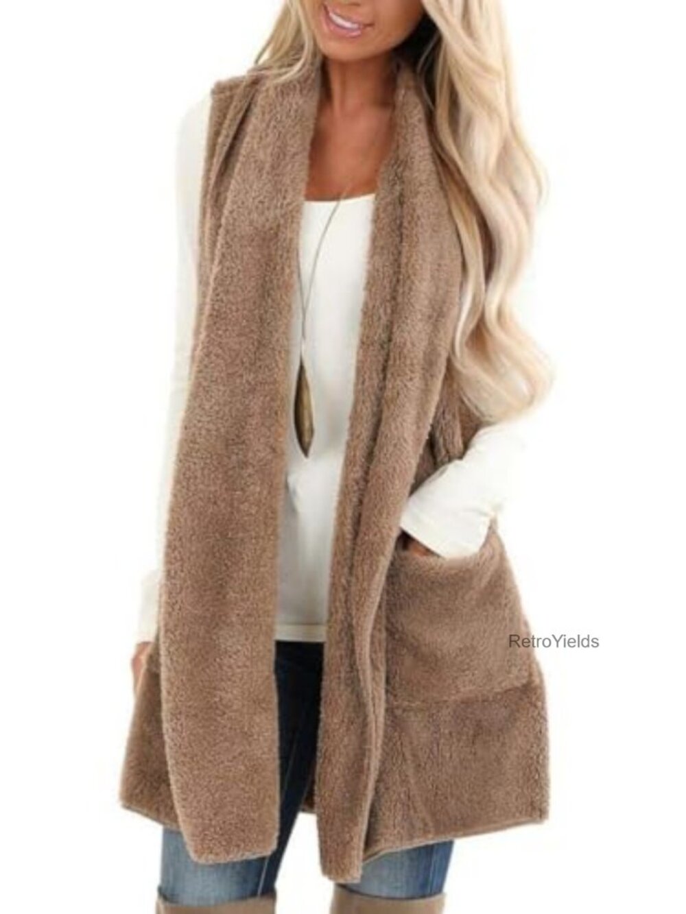 Sherpa Fleece Vest Open Front Sleeveless Fuzzy Cardigan